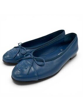 Chanel Ballerina CC Logo Ribbon Leather Flat Pumps Ballet Shoes Navy